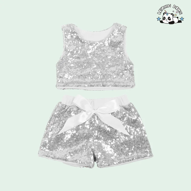 LEZONKIDS - Conjunto de shorts e colete sem mangas com lantejoulas para meninas no verão, roupa de bebê